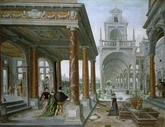Cappricio da arquitetura do palácio com figuras Promenading, 1596